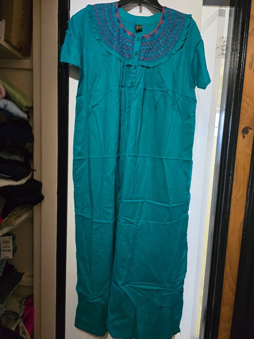 Women's Teal Short-Sleeve Maxi Nightgown with Embroidered Yoke - Size Large